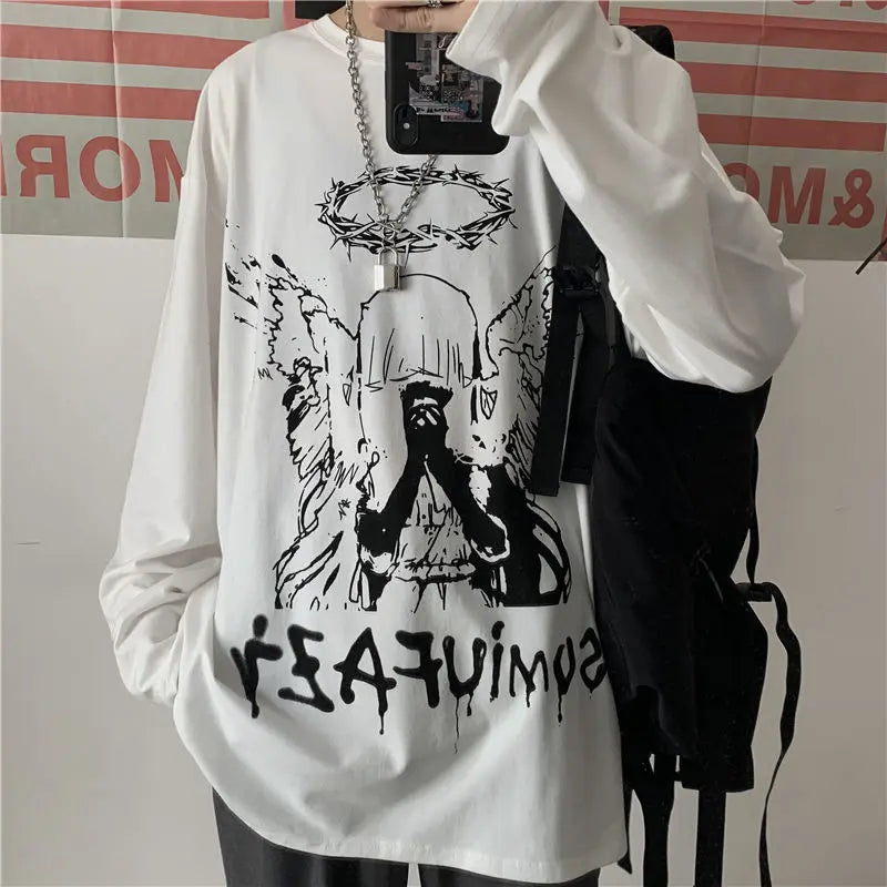 Harajuku Men's Long Sleeve T-Shirts Autumn Gothic Vintage Print Ulzzang Cozy Fashion Streetwear Baggy Korean Trendy BF Plus Tops