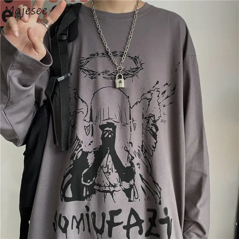 Harajuku Men's Long Sleeve T-Shirts Autumn Gothic Vintage Print Ulzzang Cozy Fashion Streetwear Baggy Korean Trendy BF Plus Tops