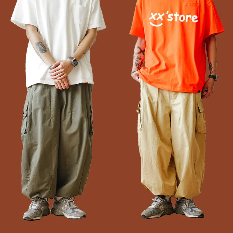 Multi-Pocket Cargo Pants Men's Casual Solid Colour Straight Pants Baggy Wide-leg Cropped Pants Men Ankle-length Pants