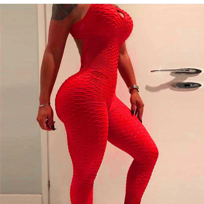 Sexy Backless Jumpsuits Women Solid Fitness Push Up Yoga Suits Elastic Seamless Jacquard Bubble Gym Sportswear Workout Clothes