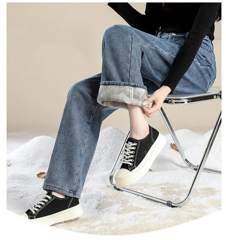 Autumn Winter Plus Velvet Loose High Waist Wide Leg Pants Casual Multi Button Thick Warm Baggy Jeans All-match Denim Trousers