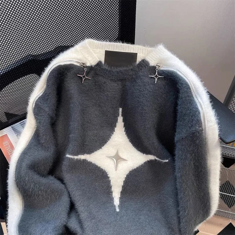 4seasoneAttire - Zipper Star Sweater Female Y2K jacket Street Retro Gothic Spice Girl Loose Casual Lazy Wind Sweater For Men And Women