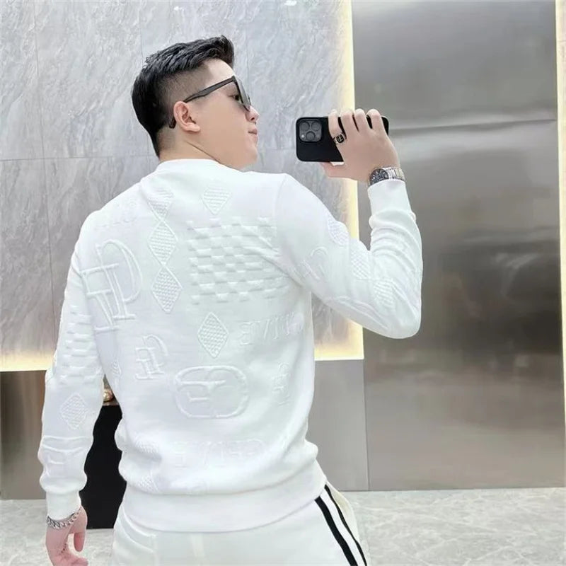 TShirt for Men O-Neck Tee Sweatshirt Autumn Winter Light Luxury Casual Jacquard Men's Fashion High-end Base Top T shirts