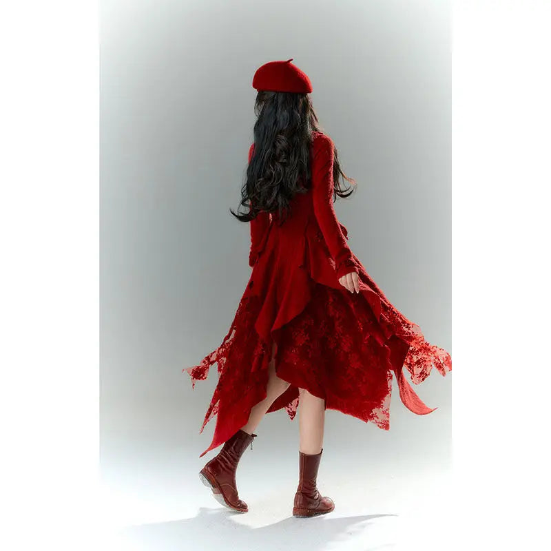 Irregular Knitted Dress with V-neck, Red Lace, Unique Design and Sense of Style for Christmas, Autumn and Winter, New, 2023