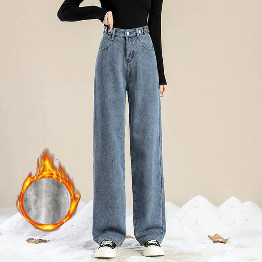 Autumn Winter Plus Velvet Loose High Waist Wide Leg Pants Casual Multi Button Thick Warm Baggy Jeans All-match Denim Trousers