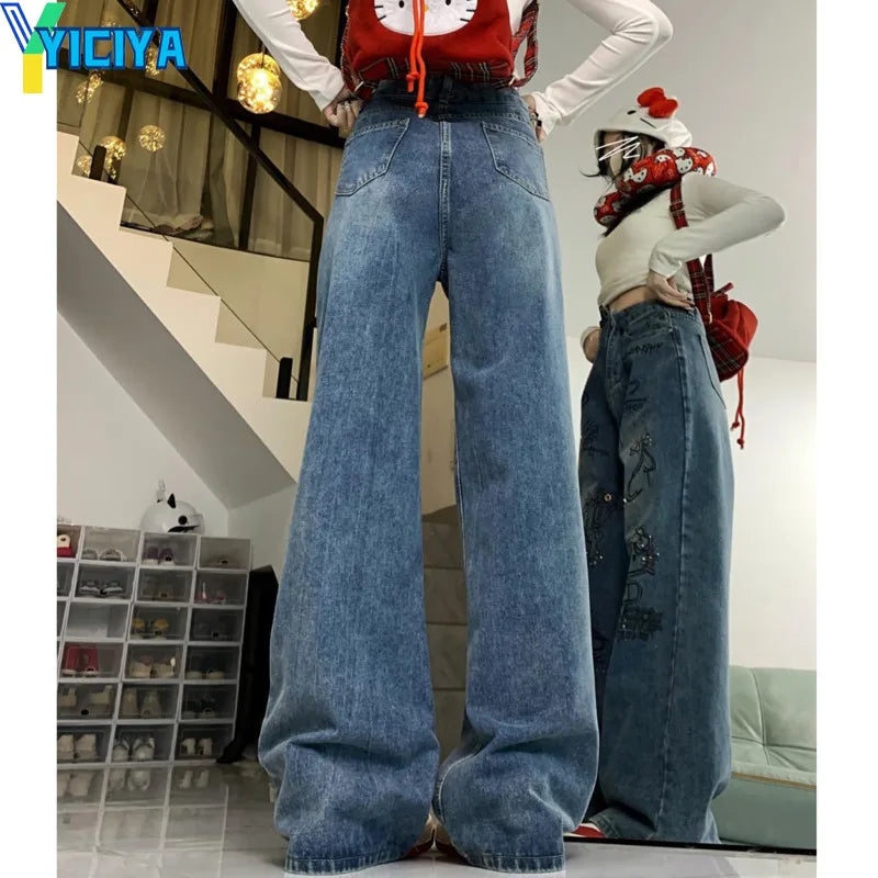 YICIYA y2k style blue jeans hellokitty Women streetwear Full Length baggy pants Denim STRAIGHT Trousers Aesthetic clothing pants