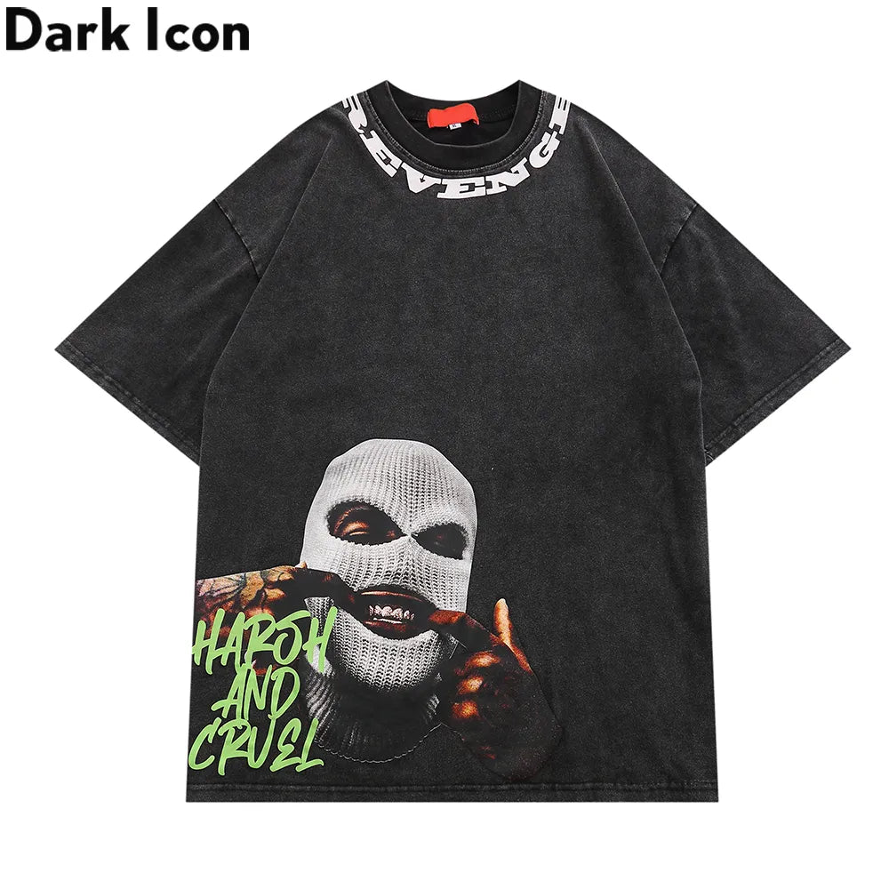 Dark Icon Printed Washing Cotton High Street Men's T-shirt Summer Off Shoulder Tshirts Man