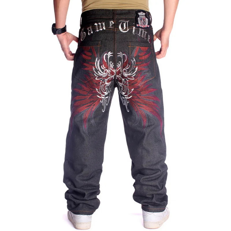 American Retro Black Embroidered Jeans Male Y2K Street Baggy Fashion Gothic Punk Style Loose Casual Joker Cowboy Mop Pants