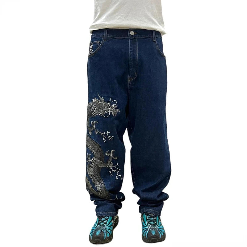 Buggy Dragon Pattern Printed Jeans Men 2023 New American Street Trend Hip Hop Loose Jeans Fashion All Match Vintage Wide Leg Pants