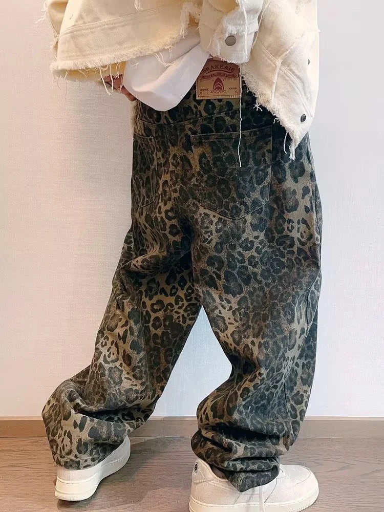 HOUZHOU Tan Leopard Jeans Men Denim Pants Male Oversize Wide Leg Trousers Streetwear Hip Hop Vintage Clothes Loose Casual