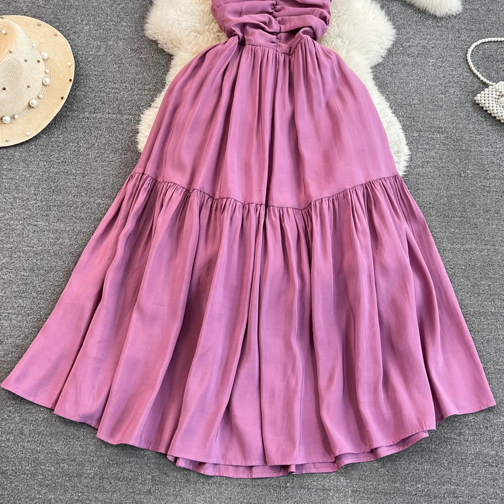 Sweet Solid Pink Robe Camis V Neck Suspender Skirt Summer Seaside Backless High Waist A Line Sleeveless Bandage Pleated Dress