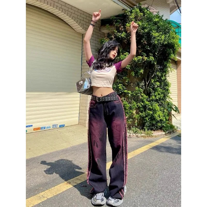 American Retro Color Washed Splashed Ink Tie-dye Raw Edge Women's Straight-leg Buggy Pants Design Loose Trendy Fashion Wide-leg Pants