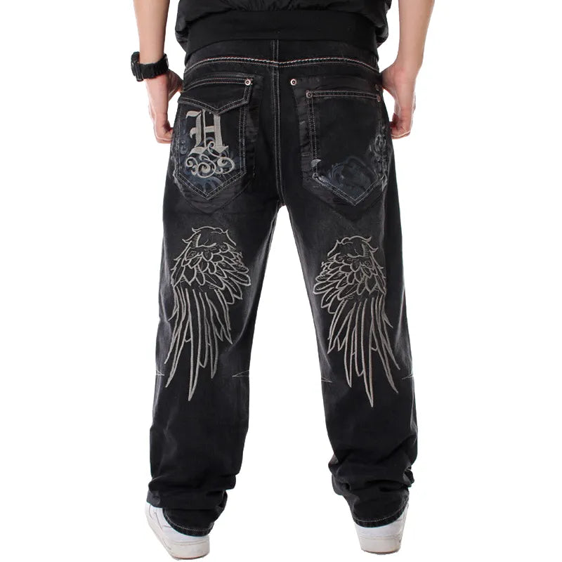 American Retro Black Embroidered Jeans Male Y2K Street Baggy Fashion Gothic Punk Style Loose Casual Joker Cowboy Mop Pants