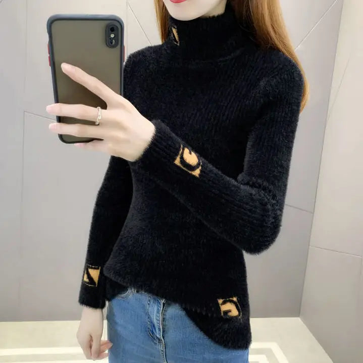 High Collar Pullover Sweater Women Mink Letter Jacquard Underlay Solid Western Knit Undercoat Autumn Winter Pullover Sweater
hoodie style