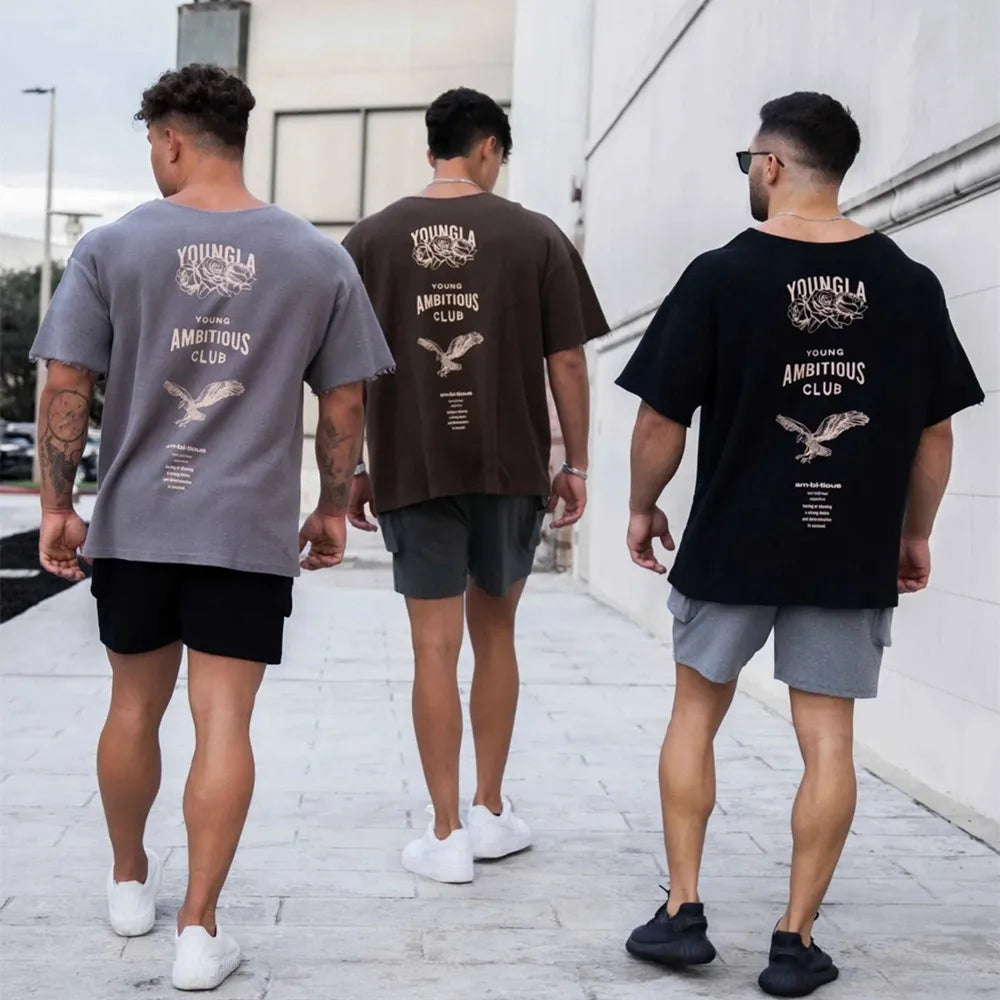 Casual Loose T-shirt Men Cotton Short Sleeves Tees Tops Summer Gym Fitness Shirt Male Fashion Printed Streetwear Clothing man