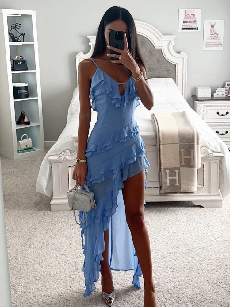 Holiday Maxi Midi Ruffles Beach Dress 2024 New Fashion Solid Color A-line Midi Dress Summer Sexy Strap Irregular Dress