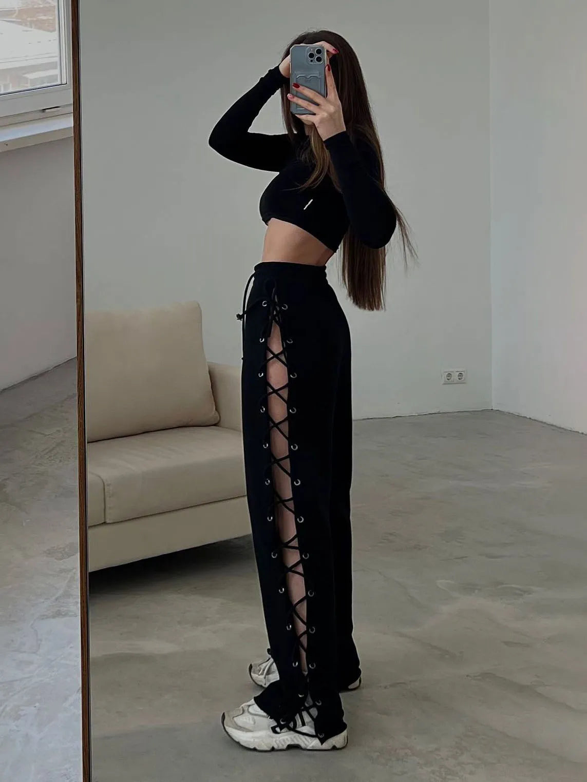 TARUXY Knitted Slit Hollow Sweatpants Women Solid Tie High Waist Loose Summer Trousers For Ladies Casual Streetwear Pants Woman