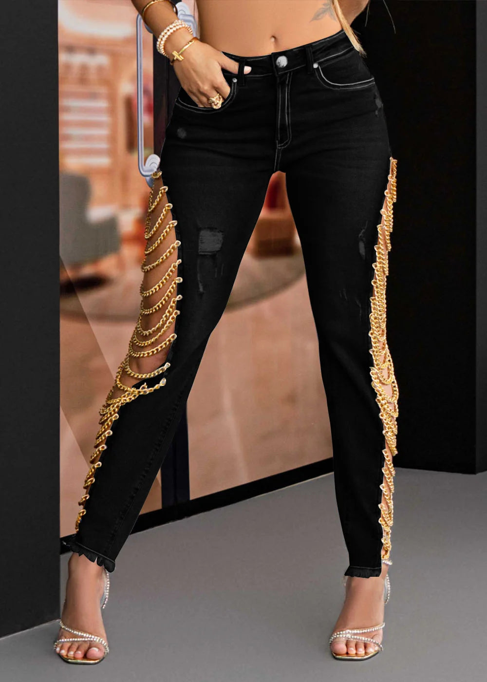 Sexy Skinny Slim Fit High Waist  Jeans for Women Trendy Buggy Pants Party Peach Button