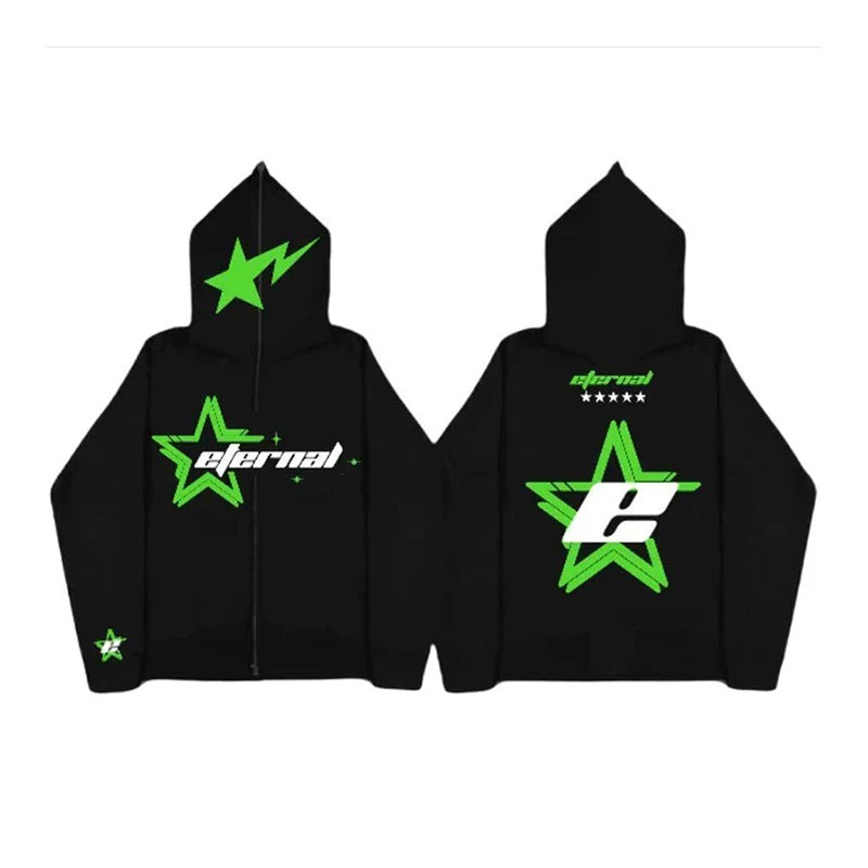 Men Star Letter Printed Hoodies Y2K Autumn High Street Long Sleeve Hooded Sweatshirt Female Harajuku Hip-hop Zipper Jacket Coats