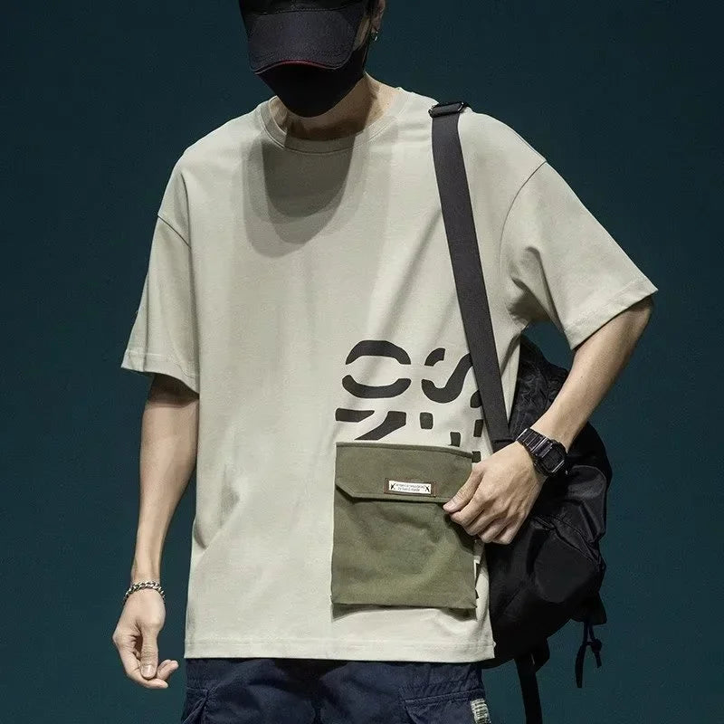 Summer Men's Short Sleeve Letter Printed T-shirt With Cargo Pocket Casual Cotton O-Neck Tops Y2K Streetwear Oversized Tee Shirts