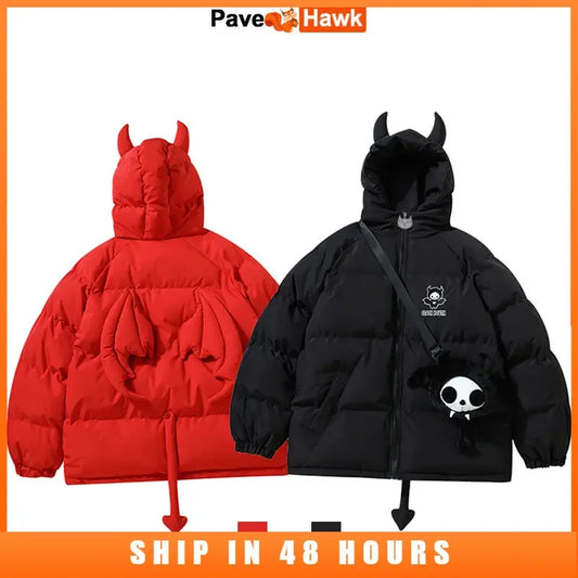 Hip Hop Parkas Men Women High Street Devil Horns Wing+Tail Hooded Padded Jackets Thick Warm Puffer Bubble Coats with Doll Unisex