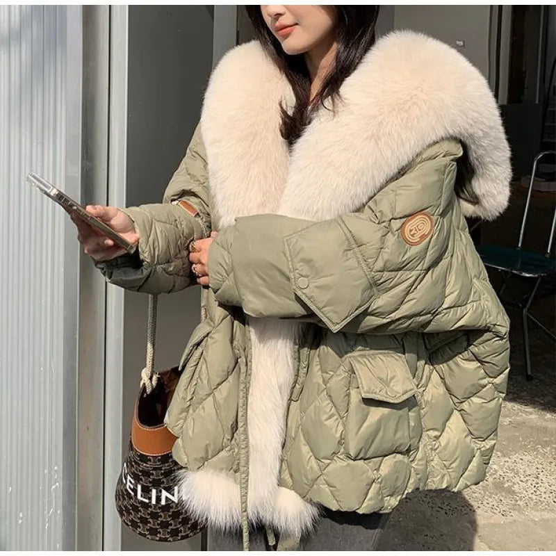 2023 Winter New Women Big Luxury Faux Fox Fur Collar Coat Fluffy Loose Puffer Jacket Feather Female Parka Snow Outwear Windproof