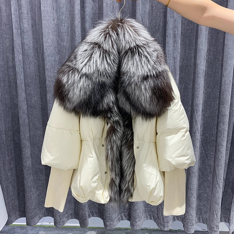 Women Puffer Coats White Duck Down Jacket Parkas Winter Large Real Silver Fox Fur Collar With Knit Sleeve Fashion Outerwear