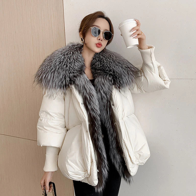 Women Puffer Coats White Duck Down Jacket Parkas Winter Large Real Silver Fox Fur Collar With Knit Sleeve Fashion Outerwear