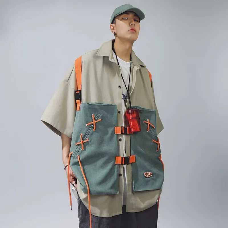 Summer Mens Oversize Set Retro Japanese Frenums Cargo Shirt+Cargo Shorts Fashion Half Sleeve Patchwork Two Piece Set for Unisex