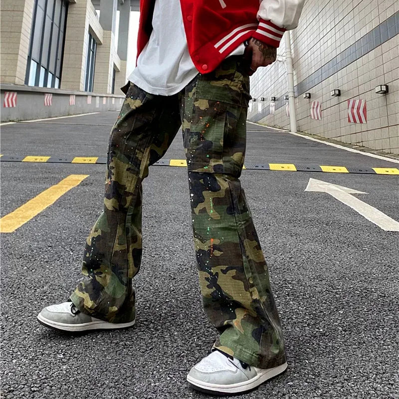 4seasoneAttire -Y2K Fashion Ink Graffiti Baggy Tracksuit Cargo Flare Pants Men Joggers Camouflage Women Casual Long Trousers Ropa Hombre