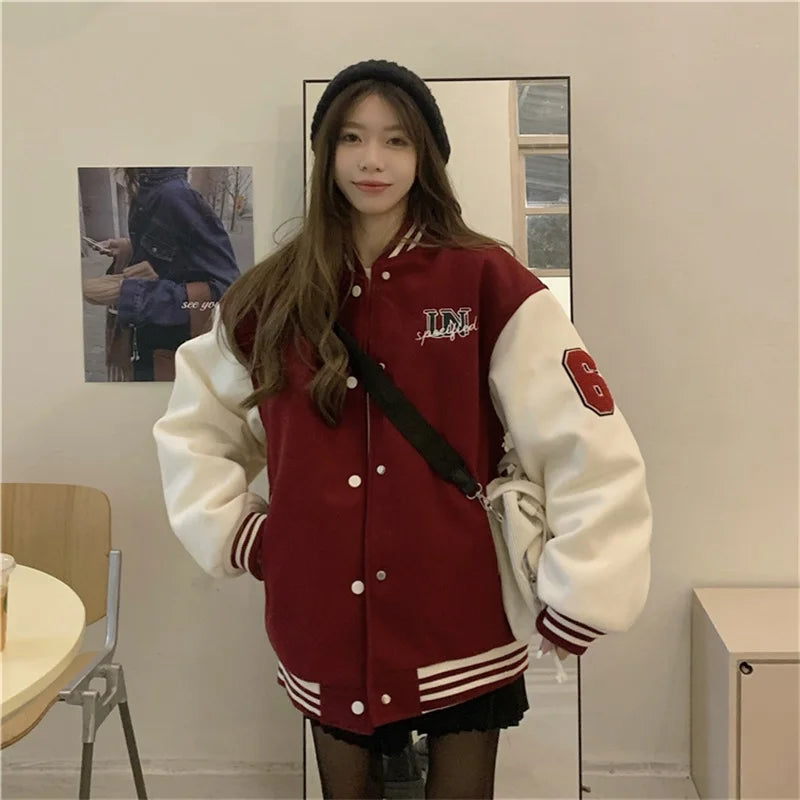 Y2k Varsity Bomber Jacket Women Red Brown Korean Fashion 2022 Winter Coat Vintage Baseball Jackets Hip Hop Streetwear Outerwear