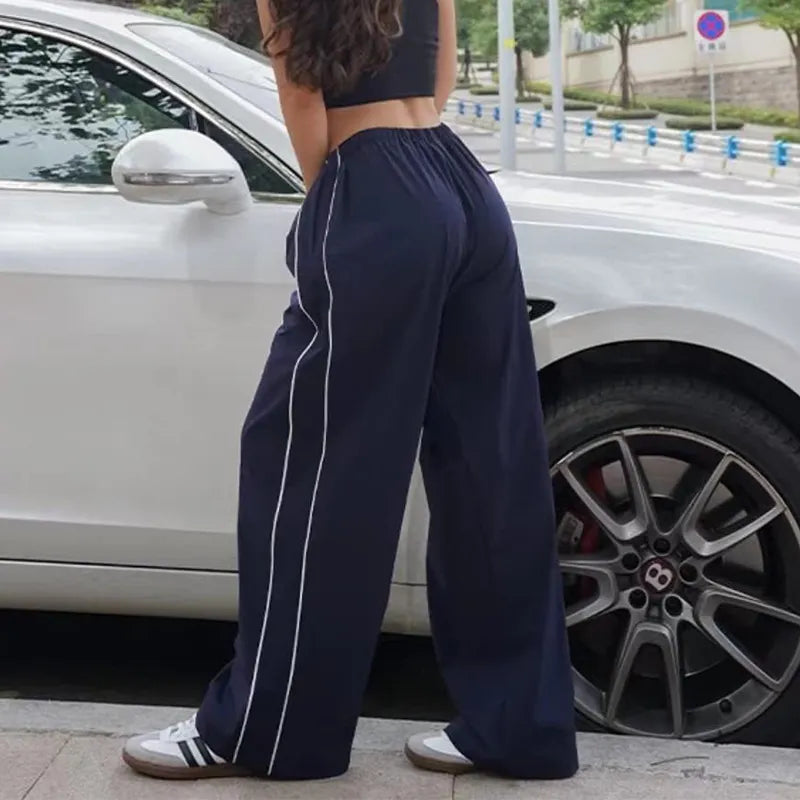 Y2K Baggy Cargo Pants Women Streetwear Baggy Elastic High Waist Sweatpants Harajuku Hip Hop Straight Wide Leg Pants Black Blue