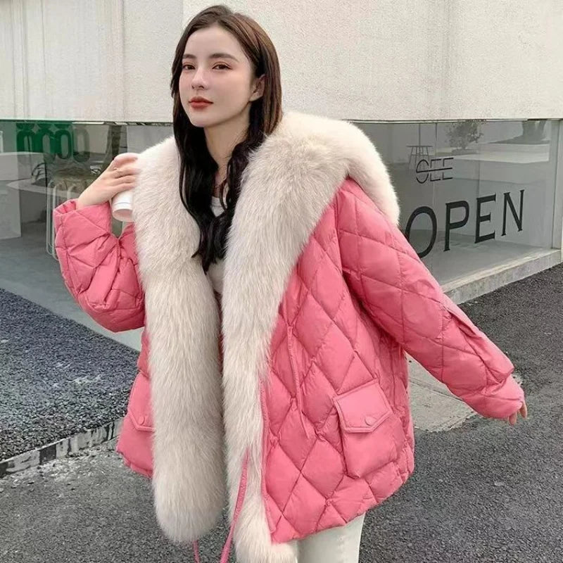 2023 Winter New Women Big Luxury Faux Fox Fur Collar Coat Fluffy Loose Puffer Jacket Feather Female Parka Snow Outwear Windproof