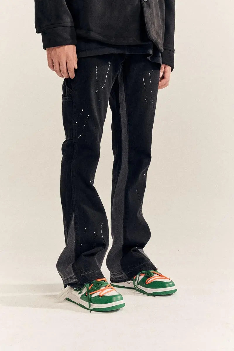 Jeans ins high street trend men and women spring and autumn retro splash ink stitching deconstructed straight flared trousers