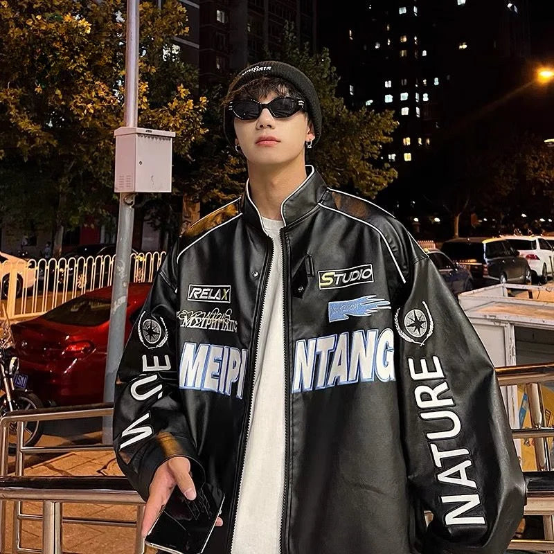 American style jacket men street motorcycle clothing hiphop trendy brand ruffian handsome y2k top men clothing leather jacket