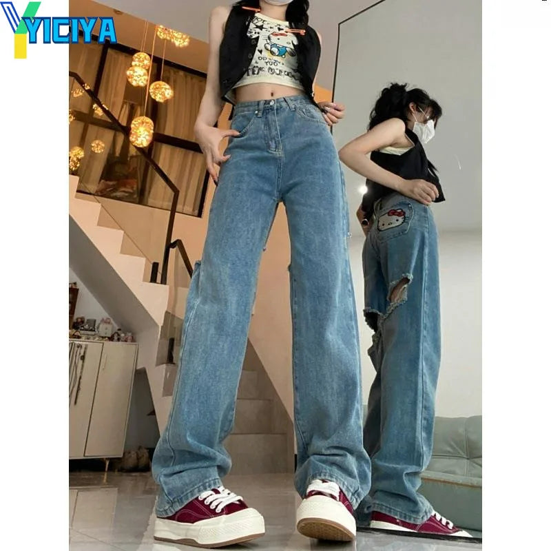 YICIYA y2k style jeans hellokitty Women Hollowed out jean Full Length baggy pants Denim STRAIGHT Trousers Aesthetic clothing New