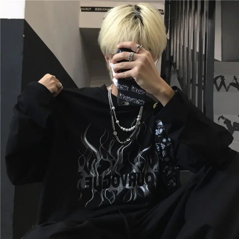 T Shirt for Men Autumn Streetwear Hong Kong Style Men's Clothing Long Sleeve T-Shirt Y2k Vintage Graphic Anime Harajuku Men Tops