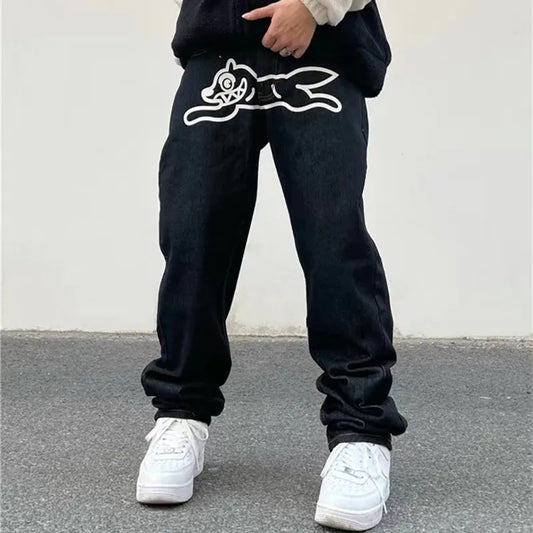 2023 New Fashion Ropa Dog Print Baggy Men Hip Hop Jeans Pants Y2K Clothes Black Straight Luxury Denim Trousers Pantalon Homme