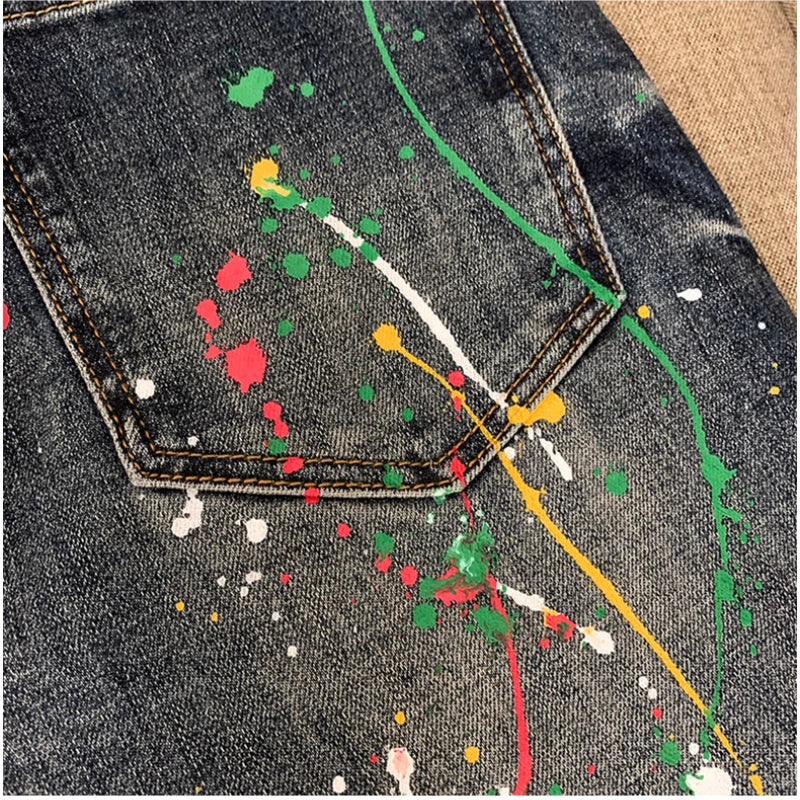 Autumn New Vintage Jeans Men Tie-dye Fashion High Streetwear Cargo  Paint Points Graffiti Hip Hop Trend Slim Male Denim Pants