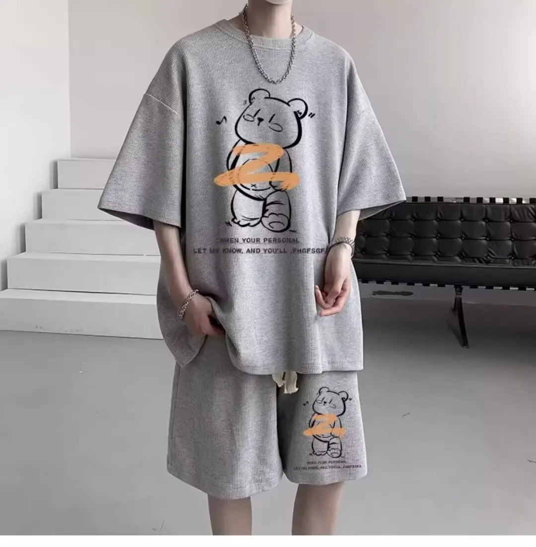 Summer Men Tracksuit Japan Cartoon Streetwear Cool Bear Printed Waffle T-Shirts Shorts 2 Piece Set Hip Hop Casual Short Suit New