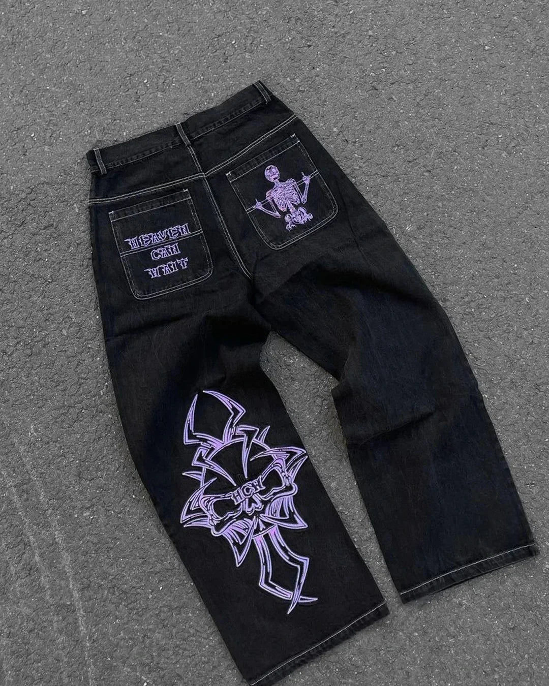 JNCO Jeans New Y2K Womens Harajuku Retro Hip Hop Embroidery Baggy Jeans Black Pants Gothic High Waisted Wide Trousers Streetwear