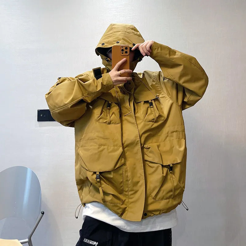 Mountain Series Outdoor Multi-Pocket Hooded Cargo Jackets Japanese Streetwear Waterproof Coat Harajuku Casual Tops Men Clothing