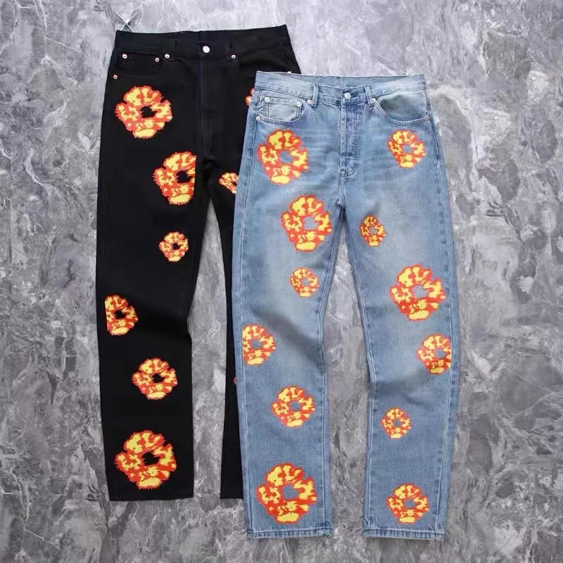 Y2K JEANS American Cargo Flame Kapok Printed Straight Jeans Men's and Women's Casual Loose Straight Leg Pants wide leg jeans