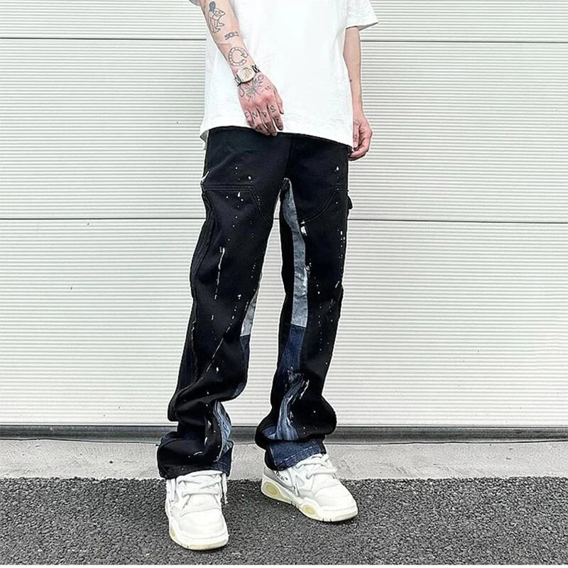 Hip Hop Contrast Color Splice Speckled Ink Paint Micro Flared Jeans for Men Straight Baggy Y2K Denim Trousers Oversized Cargos