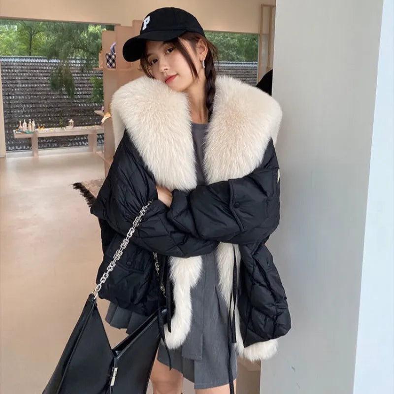 2023 Winter New Women Big Luxury Faux Fox Fur Collar Coat Fluffy Loose Puffer Jacket Feather Female Parka Snow Outwear Windproof