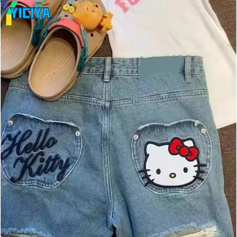 YICIYA y2k style jeans hellokitty Women Hollowed out jean Full Length baggy pants Denim STRAIGHT Trousers Aesthetic clothing New