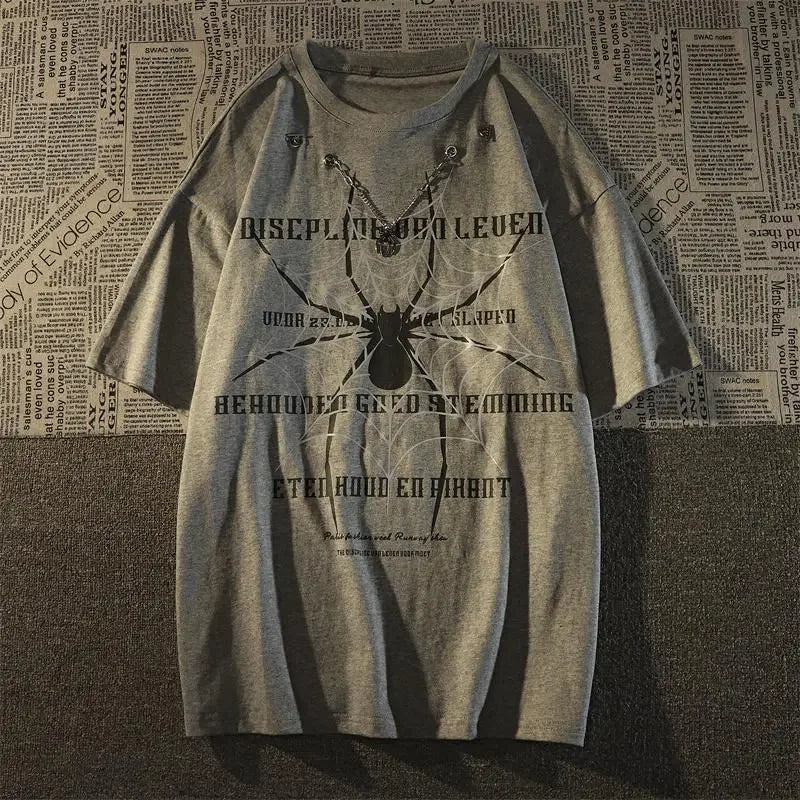 Men and Women Spider Letter T-shirt Loose Short Sleeved Shirt Summer Necklace European and American Cool Clothes for Lovers