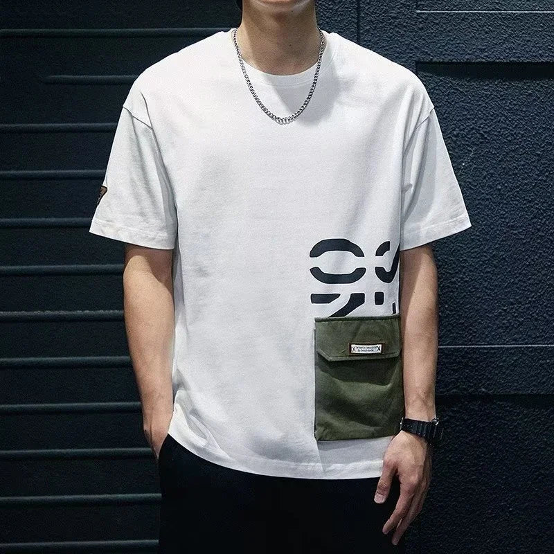 Summer Men's Short Sleeve Letter Printed T-shirt With Cargo Pocket Casual Cotton O-Neck Tops Y2K Streetwear Oversized Tee Shirts