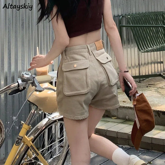 Khaki Shorts Cargo Summer Thin High Waist Big Pockets American Sweet Loose Sexy All-match Clothing Solid Daily Aesthetic Mujer