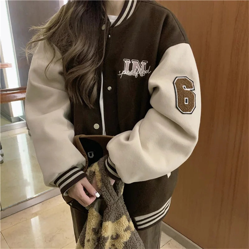 Y2k Varsity Bomber Jacket Women Red Brown Korean Fashion 2022 Winter Coat Vintage Baseball Jackets Hip Hop Streetwear Outerwear